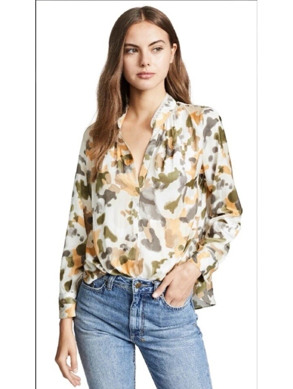 ZADIG & VOLTAIRE WOMENS TINK CAMO-PRINT SATIN LONG-SLEEVE BLOUSE IN BEIGE-SMALL